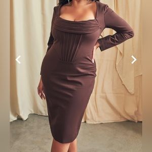 Lavish Alice Cowl Neck Corset Long Sleeve Ponte Midi Dress in Chocolate Brown
